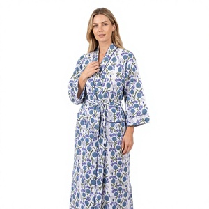 Robe kimono japonaise faite à la main en coton 100% pur, col en V, pour femmes, motif floral, peignoir, taille élastique, doux, lisse, respirant, été - Product Image 1