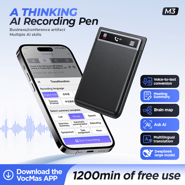 M3 AI Voice Recorder Transcribe Summarize Noise Cancellation Supports 200 Languages APP Control Phone Call Note Taker