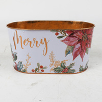 Ember Logam Oval Bermotif Poinsettia Holly dengan Pinggiran Emas untuk Menyimpan Buah, Camilan, Hadiah, dan Dekorasi Taman, Selamat Natal