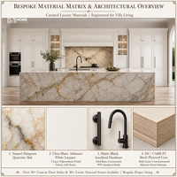 Meubles de cuisine sur mesure de luxe pour toute la maison, îlot en chêne cannelé et quartz Taj Mahal, garde-manger laqué en albâtre, menuiserie directe pour villa