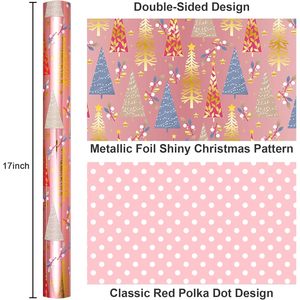 Reversible Christmas <b>Wrapping</b> <b>Paper</b> Roll Pink Metallic Foil Tree Polka Dot 17 Inch X 33 Feet Recyclable Packaging <b>Paper</b> - Product Image 3