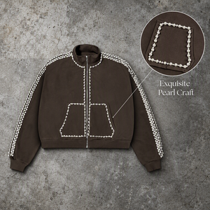 Luxury Pearl Beaded Heavyweight Coffee Brown <b>Zip</b> <b>Up</b> <b>Jacket</b> Men Vintage Oversized Streetwear Track <b>Jacket</b> For Y2K Hip Hop - Product Image 5