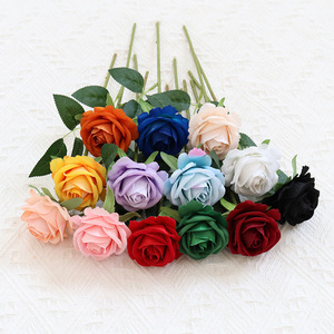 Rose artificielle en velours à tige courte de 28 cm, tête de fleur de 6 cm avec une seule feuille pour la décoration de cascade de fleurs - Product Image 2