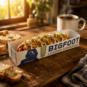 Caixas de Papel Cartão Marfim Personalizadas em Formato de Barco para Hot Dog, Bandejas para Waffle, Caixas para Hambúrguer e Corndog com Tampas e Relevo - Product Image 1