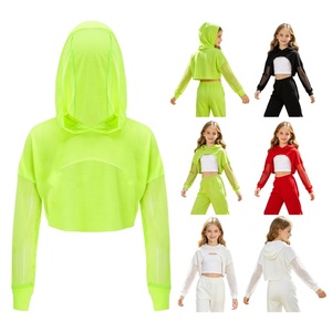 Haut court à capuche pour filles avec manches en maille, tenue de danse hip-hop streetwear, tenue de cheerleading, tenue de rue pour enfants, hip-hop pour enfants - Product Image 1