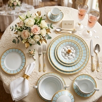 Assiettes à dîner en porcelaine rayées géométriques bleu clair, vaisselle de table pour hôtel, restaurant, mariage, bordure dorée, vaisselle en céramique