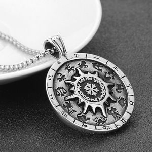 Stainless Steel Twelve <b>Constellation</b> Compass Pendant <b>Necklace</b> Men's Fashion Jewelry Gift Retro Style 60cm Chain - Product Image 2