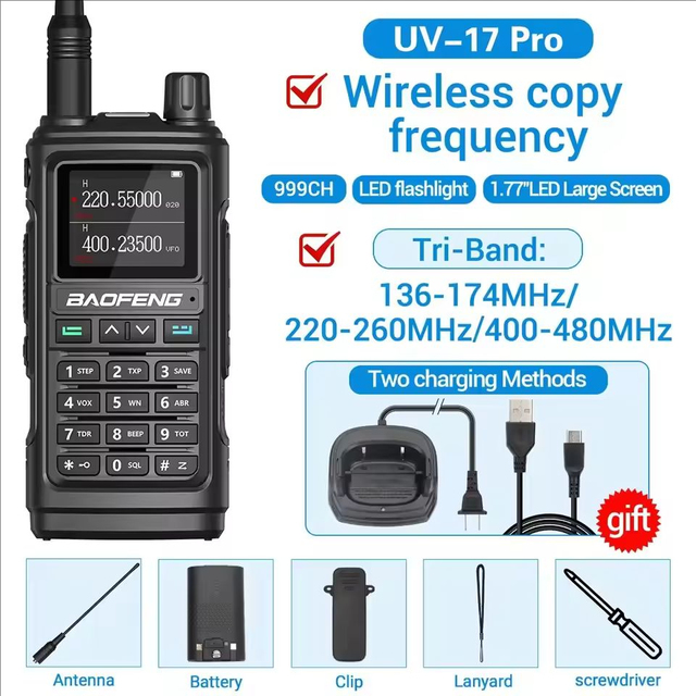 Baofeng UV-17PRO Long Range Walkie Talkie 6 Band TX RX 1.77" Display Type-C Charging 999CH Battery Save Scanning Emergency Radio