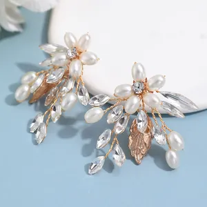 Women Bride Pearl Wedding Earring Handmade Crystal Earrings Flower Bridal Earrings