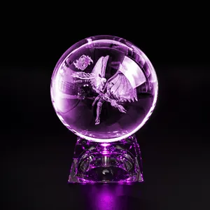 批发透明80毫米水晶玻璃球定制激光雕刻3D标志K9透明水晶球带LED灯架