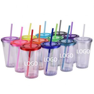 Offre Spéciale – Gobelet personnalisé avec logo imprimé, 16 oz, double paroi, en plastique acrylique transparent, avec trou et paille - Product Image 2