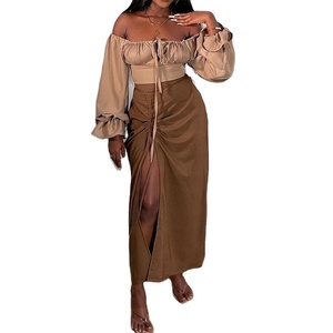 Nuevo Conjunto de Dos Piezas para Mujer, Falda Larga con Abertura y Cordón Ajustable, Manga Larga, Hombros Descubiertos, a la Moda - Product Image 1