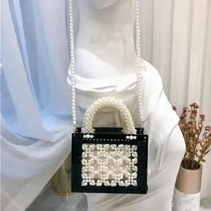 New arrival fashion black acrylic bead pearl clutch bag