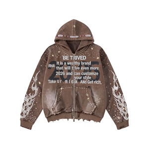 Custom 400GSM Heavyweight Zip up <strong>Hoodie</strong> Men Boxy Cropped Flame Rhinestone Y2K <strong>Grunge</strong> Streetwear Hoodies Manufacturer OEM - Product Image 2
