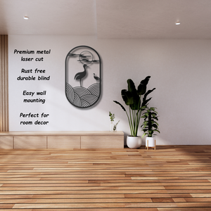 งานศิลปะติดผนังสไตล์มินิมอลสีดำ - รูปเงาสีดำของนกกระเรียนและพระจันทร์/พระอาทิตย์สไตล์ญี่ปุ่น - Product Image 2