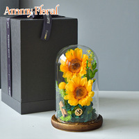 AM-PFA64 Ammy Fleurs éternelles Tournesol sous cloche en verre avec boîte cadeau noire Fleurs préservées sous couvercle en verre Décoration de Noël pour la maison