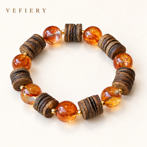 Bracelet en bois et pierres précieuses orange avec perles marron en forme de disque - Product Image 1