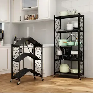 5-tier Foldable Kitchen Standing RACK Shelving Unit Shelves Metal Storage Folding Pantry Rack with Wheels