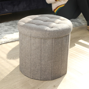 Round Fabric Storage <b>Stool</b> Grey Home <b>Ottoman</b> With Tufted Top For Living Room Or Bedroom Use - Product Image 1
