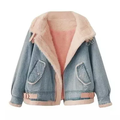 2024 Jean Jacket Hood Winter Streetwear Outdoor Mode Fleece Denim individuelle Jeans mit Pelz Jacken Damen Polyesterfutter weiblich