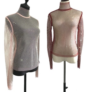 S336 nuova maglia Crop Top in rete a rete di cristallo scavata trasparente con strass strass maglia Cover up abbigliamento da Beach Club - Product Image 4