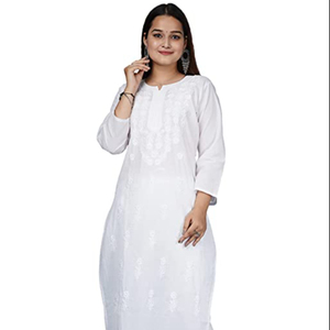 MSF White Embroidered Cotton A-Line <b>Casual</b> <b>Dress</b> <b>Long</b> Sleeve Round Neck Knee-Length Women <b>Dress</b> for Daily Wear - Product Image 1