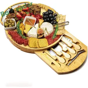 Hot Selling Round Premium Cheap Small Bamboo Meat Cheese Charcuterie Board Platter Set With Knives