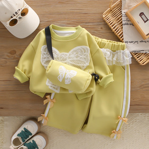 Completo Casual Due Pezzi per Bambina: <span class=keywords><strong>Felpa</strong></span> a Maniche Lunghe con Fiocco e Borsa in Pizzo, Ultima Collezione Primavera - Product Image 6
