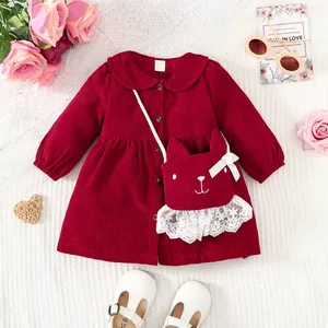 Spring Autumn Toddler Girls Kid Baby Solid Corduroy Dress Vintage Long Sleeve Single-breasted Dress For Girls