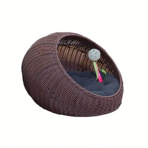Lit pour chat moderne en rotin tressé à la main, amovible pour l'intérieur, en forme de coquille, semi-ouvert, avec décoration de boule suspendue - Product Image 5