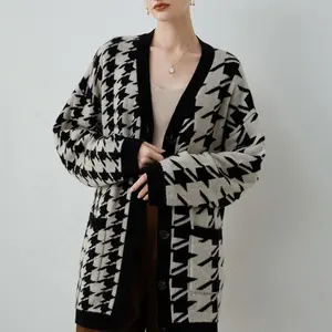 WjH2023カスタム高品質新しいスタイル特大長袖女性カシミアメリノウールグリッドカーディガン女性用セーター