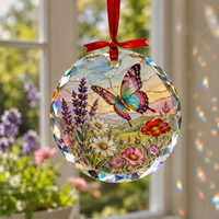 Ornement suspendu en verre de cristal à facettes rondes avec motif floral, ornement décoratif en verre de cristal, pendentif décoratif pour cadeau de fête