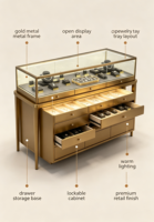 Vitrine de présentation de bijoux vintage en acier inoxydable doré avec tiroir de rangement, armoire en verre ultra-transparent avec éclairage LED intégré, design arrondi
