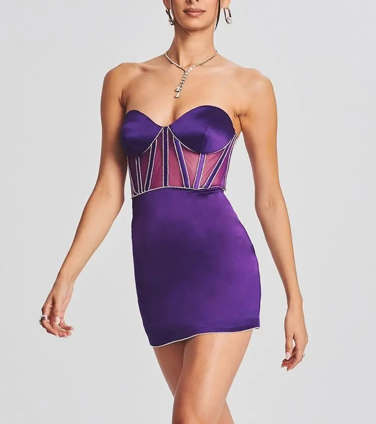 Violet Bodycon gaun Mini pesta dekorasi korset Spaghetti kristal berkilau antik Satin tenun seksi untuk wanita XS ~ L