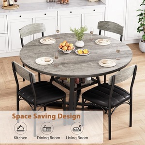 Simple <b>round</b> <b>dining</b> <b>table</b> <b>set</b>, extendable wood grain <b>table</b>, leather upholstery, wrought iron <b>dining</b> chairs, small apartment - Product Image 3