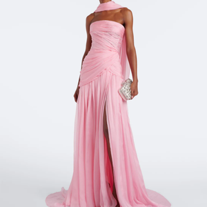 2027 <span class=keywords><strong>Robe</strong></span> longue élégante en mousseline drapée pour femme, bustier, froncée, à fente haute, avec traîne et décolleté foulard, pour soirée formelle, mariage, invitée ou bal <span class=keywords><strong>de</strong></span> promo - Product Image 1