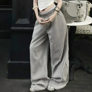 Pantalones casuales de cintura baja con textura de rayas simples, cintura elástica, bolsillos, fáciles de combinar, corte recto, holgados y largos. - Product Image 2