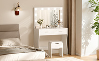 Coiffeuse Moderne et Ensemble Vanité avec Miroir de Maquillage Éclairé et Plateau en Verre Trempé Intégré pour Chambre à Coucher