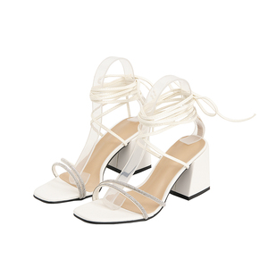 Женские туфли на высоком каблуке, туфли на каблуке для женщин, туфли на платформе на высоком каблуке, белые гладиаторские босоножки на шнуровке со стразами и массивным каблуком для девочек - Product Image 3