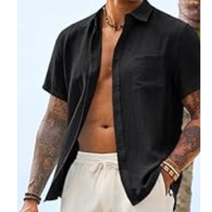 Chemise à manches courtes boutonnée pour homme, noire unie, décontractée, col rabattu, respirante, haut d'été - Product Image 3
