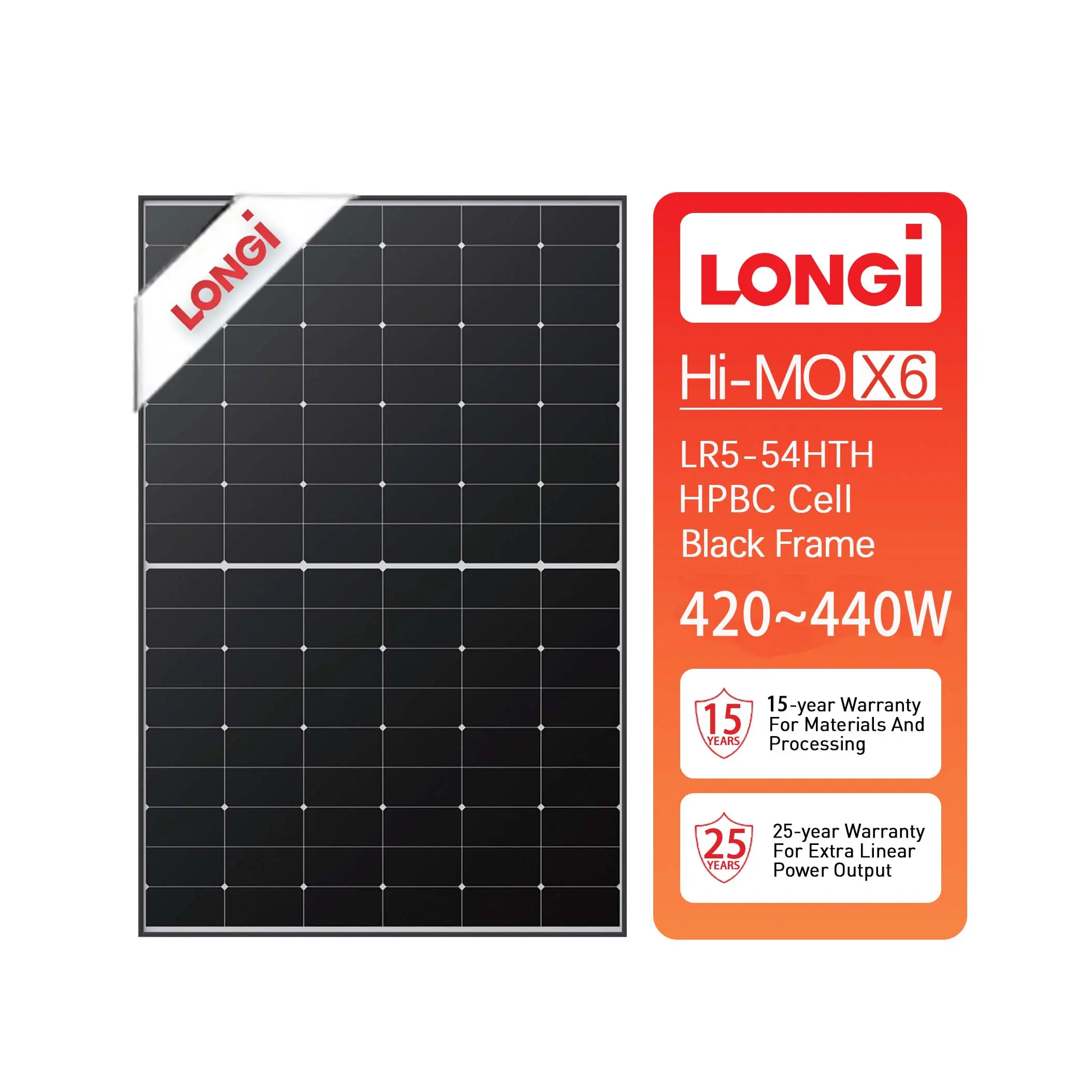 longi Hi-mo x6 explorer LR5-54HTH solar module 420W 425W 430W 435W 440W 108 cells black frame mono facial solar panel