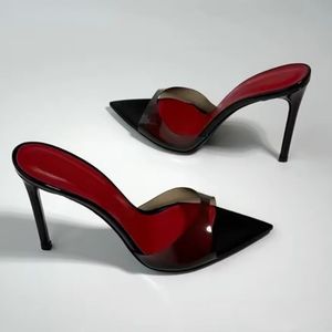 Sandalia Salto Feminina Transparent PVC Pointed Toe <b>Mules</b> High Heels Stiletto Red Insole Slip-on Sandals Heels - Product Image 1