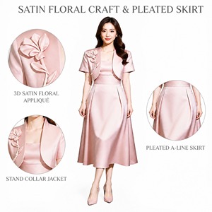 Set Abito <span class=keywords><strong>Bolero</strong></span> in Raso Rosa Pallido per Donna, Gonna Plissettata con Applicazioni Floreali 3D, Collo Quadrato, Formale da Cerimonia, OEM ODM Direttamente dalla Fabbrica, Chic - Product Image 2