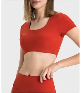 Girls Shirt Crop Top Gym Padded Gym Customized Crop Tops Women Teens Fitted Red Yoga Crop Tops Rib Yoga