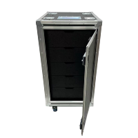 Valise de transport OEM/ODM à texture grain de litchi, 5 tiroirs en bois, porte coulissante latérale, quincaillerie en zinc argenté, robuste, indice de protection IP67