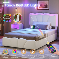 Cadre de lit double moderne avec tête de lit capitonnée beige, rangement hydraulique et éclairage LED, taille Queen