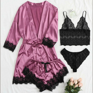 2024 nouvelle bonne qualité Satin <span class=keywords><strong>nuisette</strong></span> en gros femmes Robe 4 pièces pyjamas érotique Lingerie ensemble Kimono soie vêtements de nuit - Product Image 3