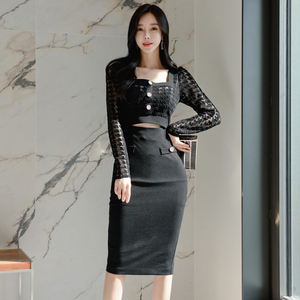 Droma 2025 primavera moda temperamento elegante snellente nero Sexy <span class=keywords><strong>pizzo</strong></span> donna due pezzi gonna abito di alta qualità - Product Image 2