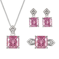 Parure de bijoux pour femme : boucles d'oreilles, bague et pendentif en diamant haute teneur en carbone, serti carré, coupe fleur de glace, luxe léger et tendance