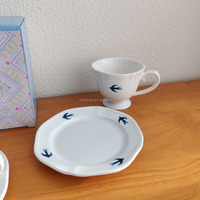 Service à café et assiettes rétro en porcelaine 200 ml, motif hirondelle bleue sous glaçure, pour thé de l'après-midi, avec plateau, compatible lave-vaisselle et micro-ondes